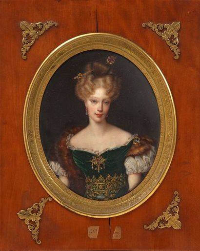 null Miniature ovale sur porcelaine : Portrait de la duchesse de Berry, d'après Charles...