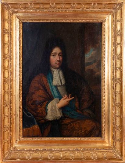 null Ecole hollandaise vers 1680 : Portrait d'homme en robe de chambre brodée et...