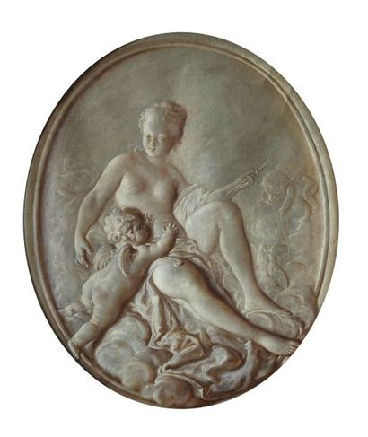 null Attribué à Piat Joseph SAUVAGE (1744-1818) : Vénus et l'Amour. Toile ovale d'origine....