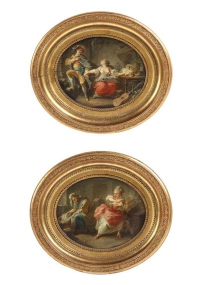 null Attribué à Pierre Antoine BAUDOUIN (1723-1769) : Couple galant et La cage aux...