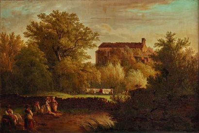 null Wolfgang-Adam TÖPFFER (1766-1847) : Paysage avec lavandières près d’une chapelle,...
