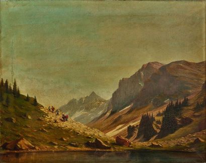null Ernest PRIVAT (1844-1894) : Les muletiers au-dessus d’un lac. Huile sur toile...