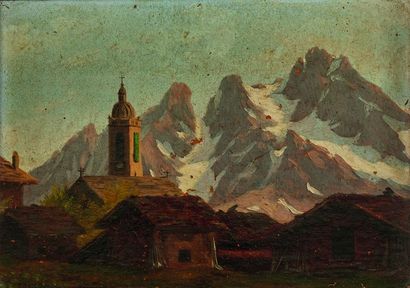 null Ernest PRIVAT (1844-1894) : Champéry et son clocher. Huile sur panneau signé...