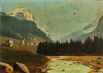 null Ernest PRIVAT (1844-1894) : Vallée d’Engadine. Huile sur carton toilé signé...