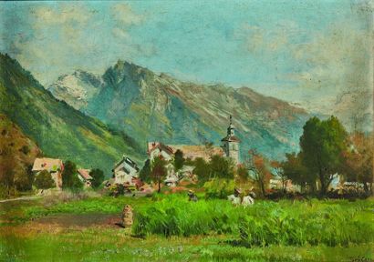 null François-Adolphe GRISON (1845-1914) : Village de Savoie. Huile sur toile signée...