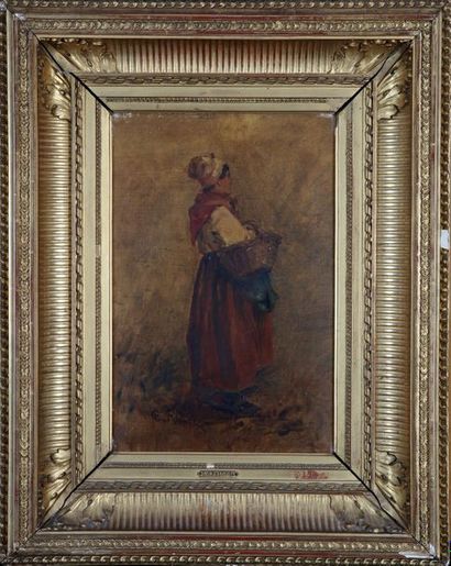 null Léon Germain PELOUSE (1838-1891) : Femme debout tenant un panier. Huile sur...