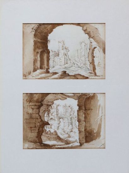 null Ecole flamande du XVIIe siècle : Deux vues de ruines romaines sur un même montage...