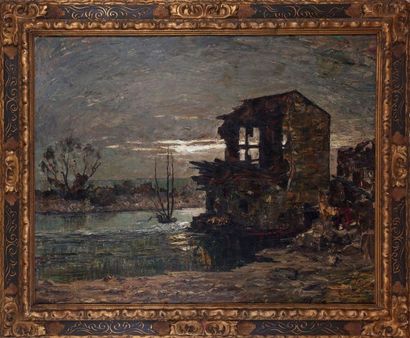 null Joseph Victor COMMUNAL (1876-1962) : La Maison au bord de l'eau. Huile sur carton...
