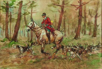 null Georges BUSSON (1859-1933)

Piqueur et sa meute en sous-bois

Dessin aquarellé...