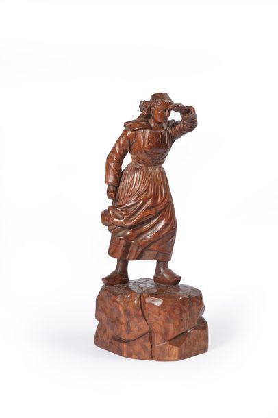 null Sculpture en bois : La femme du marin. Haut. 48 cm