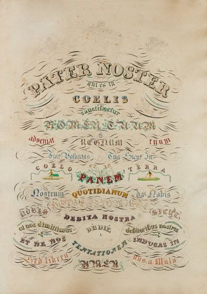 null Calligraphie Pater Noster, signée Léon Gallet et datée 1868.