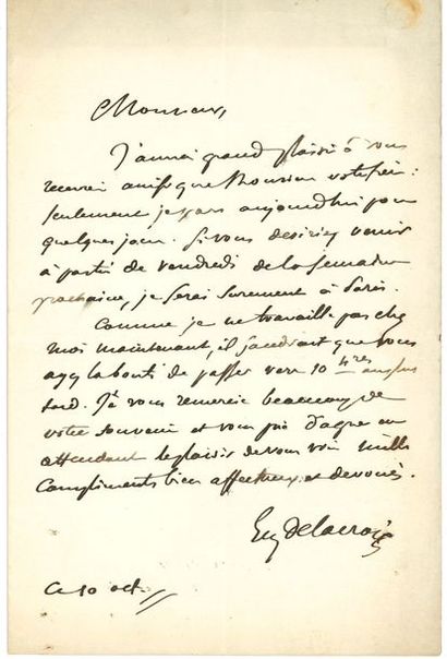 null Eugène DELACROIX (1798-1863) peintre. L.A.S., 10 octobre [1846], à Jules LAURE...