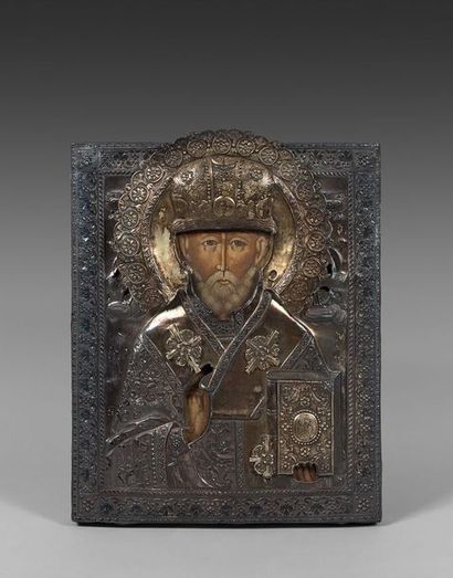 null Icône de saint Nicolas. Tempera sur bois, conservée sous riza en argent et nimbe...