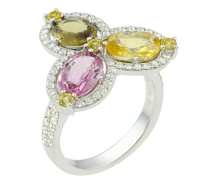 null Ring 

White gold set with 3 oval NATURAL yellow, pink and green sapphires enhanced...