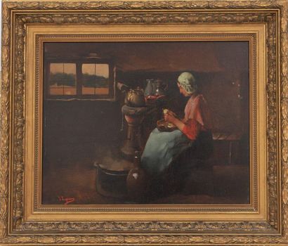 null Housekeeper in the kitchen

Oil on framed oak panel, representing a lady at...