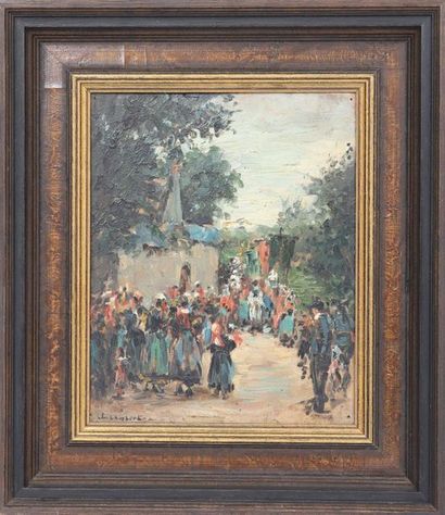 null "The Village Procession" by Léon Lambert (1868-?)

French impressionist painter.

Oil...