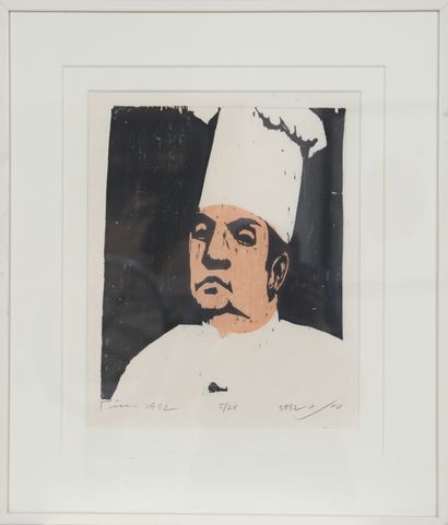 null Head cook

Framed polychrome lithograph.

Numbered 5/28. Signed and dated 1992...