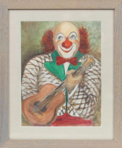 Clown à la guitare 
Huile sur papier encadrée....