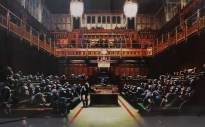 null Banksy (after) "Monkey Parliament 

2009

Offset print on paper, framed under...