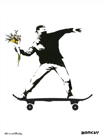 null Flower Bomber Skate, Banksy / This is not Banksy, imprimé sur papier Beaux Arts,...