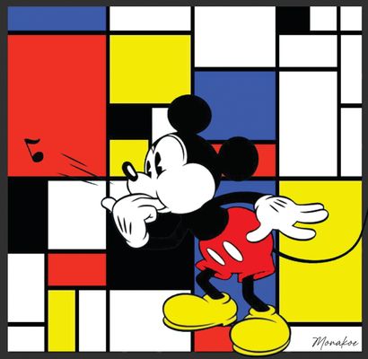  Mickey Mondrian (d'après), Monakoe, Finition verre acrylique print, encadré en caisse...