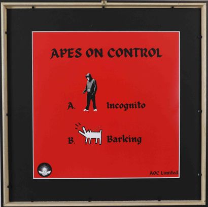 null Banksy d'aprés 
Impression offset sur pochette 33T "Apes on control" 
Dimensions...