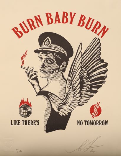 null "Burn Baby Burn" de Shepard Fairey alias Obey (né en 1970) 
Typographie signée,...