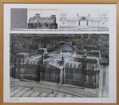 null CHRISTO 
"Wrapped Reichstag" 
Lithographie polychrome du projet, portant une...