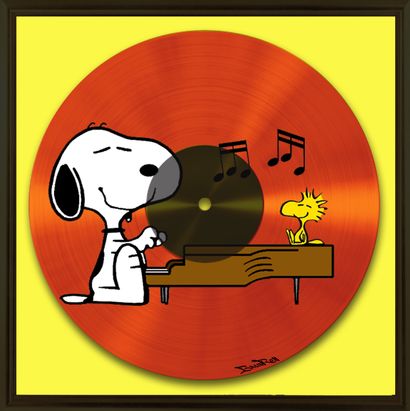 null Tableau Brainroy représentant une impression d'un disque 33 tours, d'après Snoopy,...