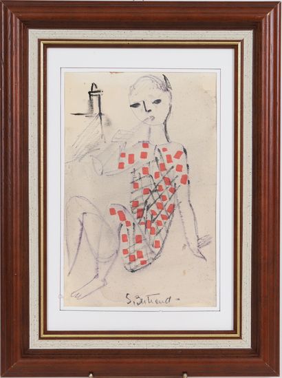 null Solange Bertrand (1913-2011) 
"Young girl with a flute 
Mixed media on paper...
