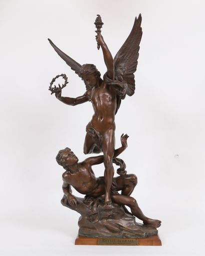 null Charles Vital-Cornu (1851-1927) 
"Awakening of the Genius" 
Bronze with brown...