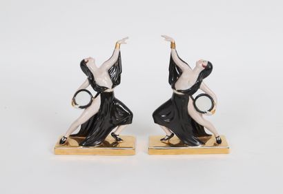 null Robj 
Pair of women with tambourines - Art Deco 
In polychrome enamelled earthenware...