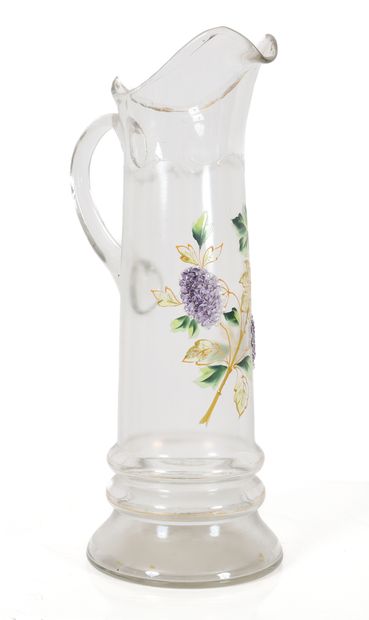 null Cider pourer 
In blown glass, enamelled with a hydrangea design. 
Circa 1900....