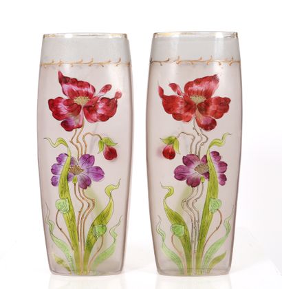 Pair of glass vases enameled with a floral...