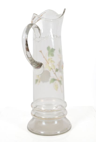 null Cider pourer 
In blown glass, enamelled with a hydrangea design. 
Circa 1900....