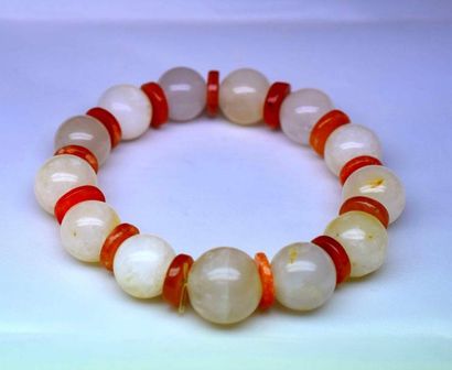 null BRACELET EN BOULES DE CALCEDOINE BLANC ET ORANGE 14MM