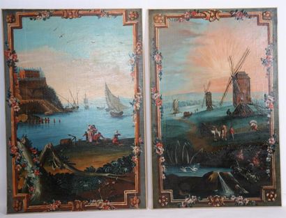 ENSEMBLE DE TABLEAUX DE PAYSAGES XVIIIème Paire de scènes panoramiques, représentant...