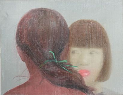"Jeune fille en vis-à-vis" de Attasit Ponkpong Huile sur toile représentant deux...