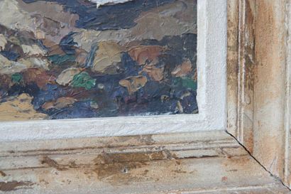 Tableau "La Baie" Huile sur toile impressioniste représentant une baie rocheuse,...
