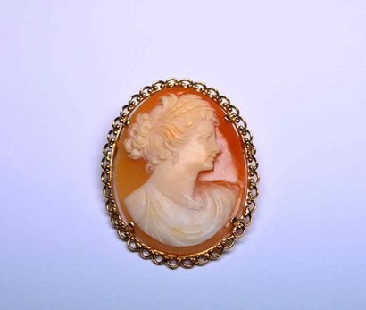 null Broche pendentif en or jaune ornée d'un important camée à profil de femme dans...