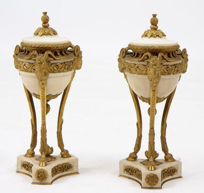 null Paire de cassolettes Louis XVI

En marbre blanc et bronze doré, à piètement...