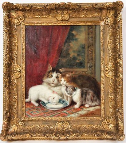 null "Chacun son tour" de J.Leroy

Huile sur toile représentant une chatte et ses...