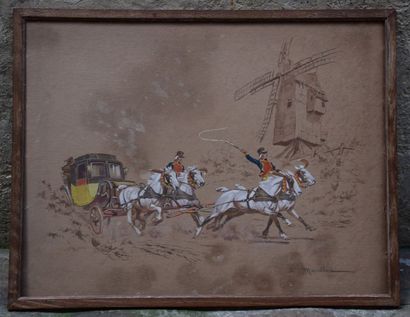 null MARCILLAC (XIX-XX th), post carriage at full gallop, stencil gouache signed...