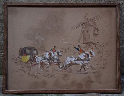 null MARCILLAC (XIX-XX ème), calèche de poste au galop, gouache au pochoir signé...