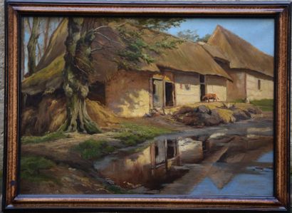 null Attribué à Charles WISLIN (1852- 1932), Paysage à la ferme et à la mare, huile...