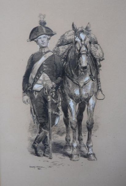null Edouard DETAILLE (1848-1912), Militaire et son cheval, encre signée et datée...