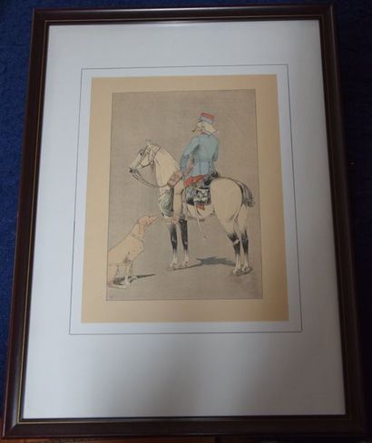 null Louis VALLET (1856-1940), Militaire à la pipe sur son cheval devant un chien,...