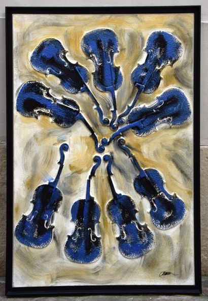 null ARMAN (1928-2005), Huit violons, technique mixte sur toile, acrylique, papier...
