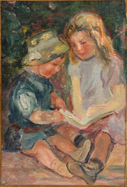 null Suiveur de Georges D'ESPAGNAT (1870-1950), Enfants lisant, huile sur toile,...
