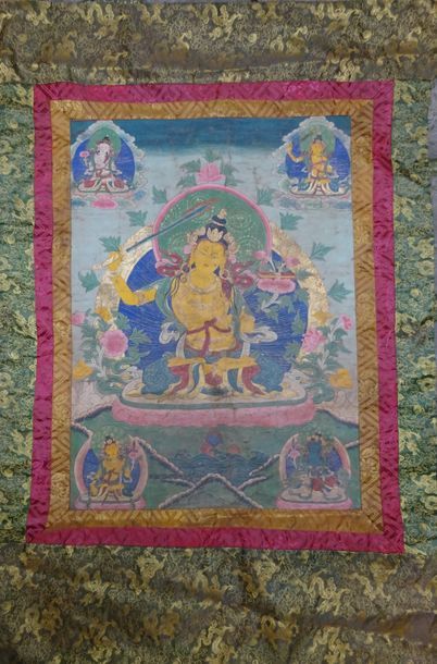 null CHINE, fin XIXeme siècle. TANGKA représentant le bodhisattva Manjusri assis...